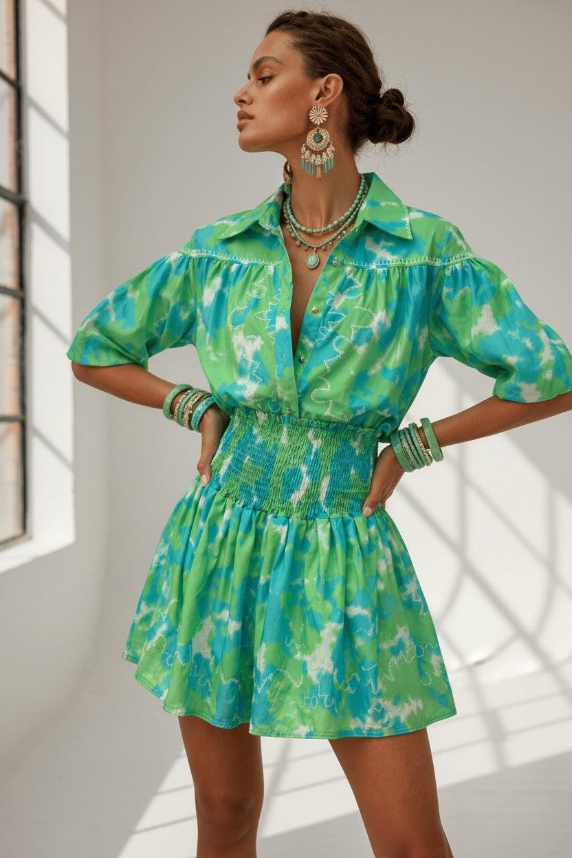 Conjunto Amanda Verde e Azul | Camisa e Saia Elegante de Verão