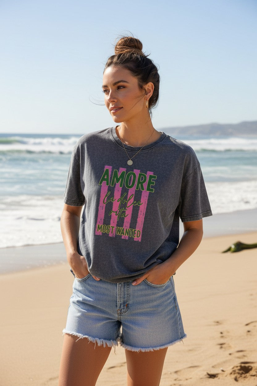 T-Shirt Amore La Dolce Vita Cinza Vintage