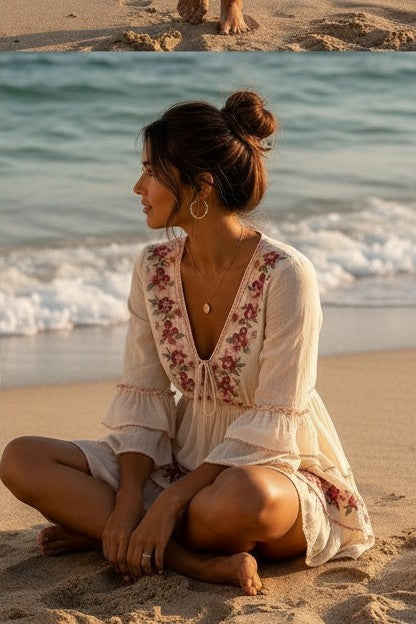 Vestido Boho Bordado Floral | Vestido Curto Romântico de Verão