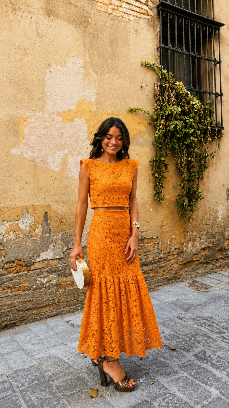 Conjunto Rosalía em Renda Laranja