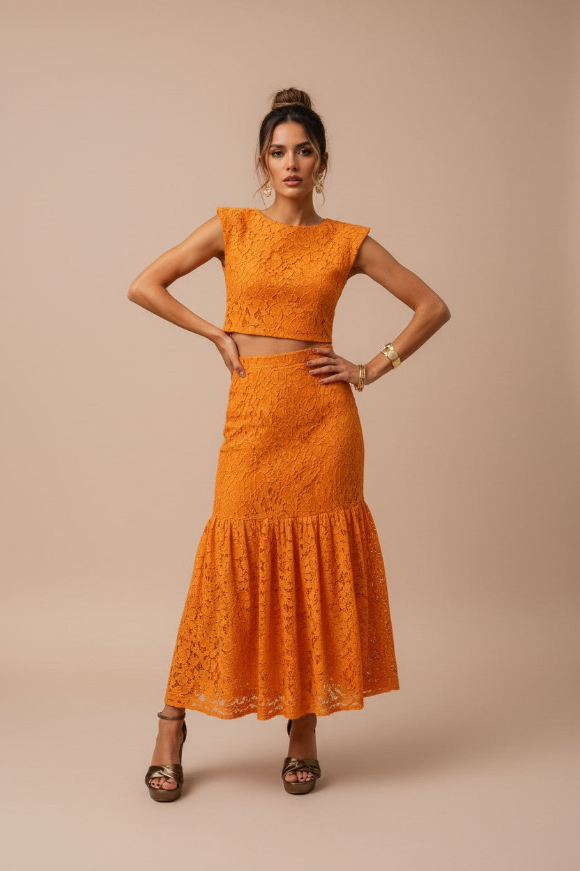 Conjunto Rosalía em Renda Laranja