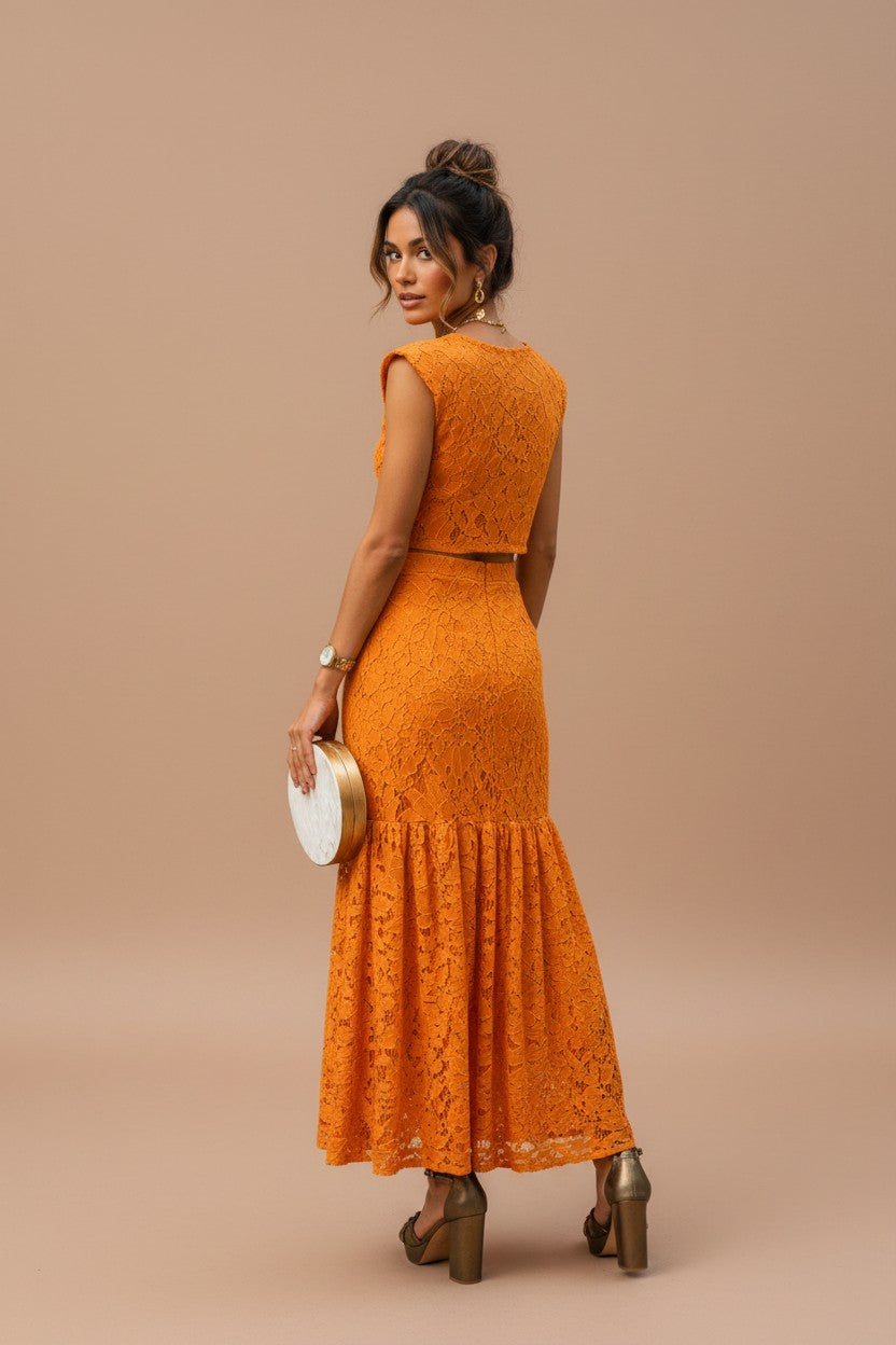 Conjunto Rosalía em Renda Laranja