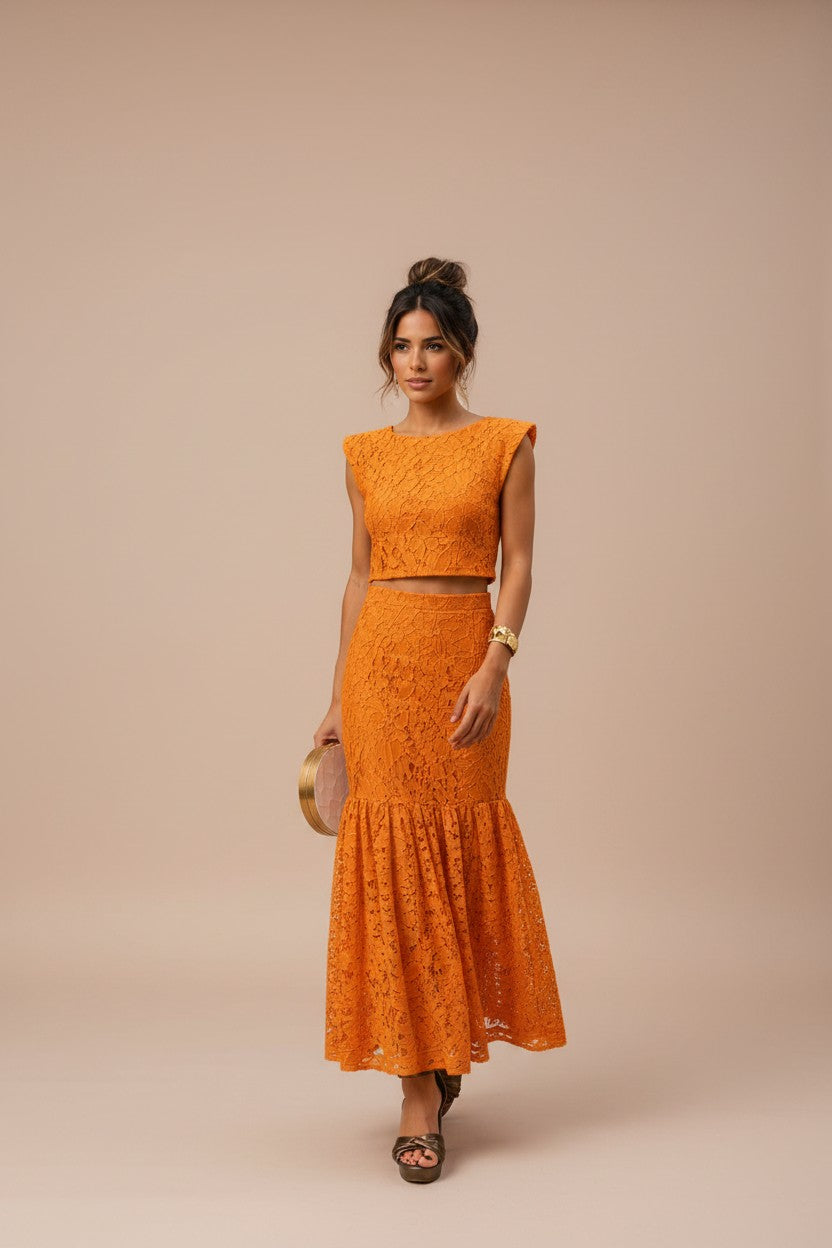 Conjunto Rosalía em Renda Laranja