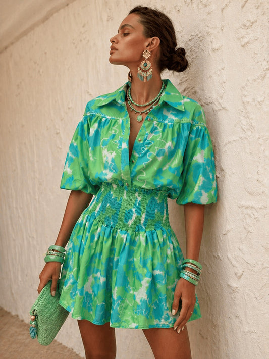 Conjunto Amanda Verde e Azul | Camisa e Saia Elegante de Verão