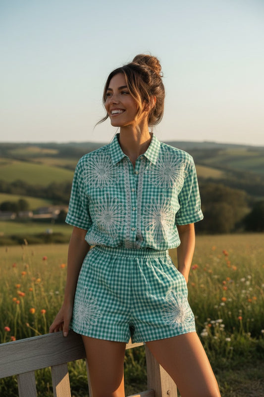 Conjunto Vichy Verde e Branco Bordado