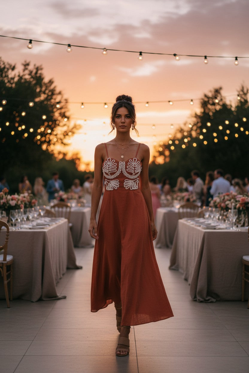 Vestido Louisiana Bordado Terracota