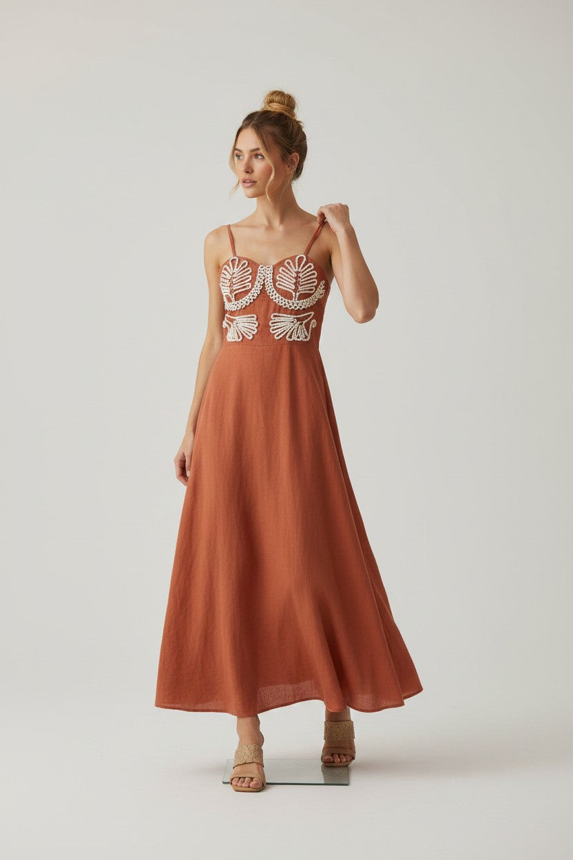 Vestido Louisiana Bordado Terracota