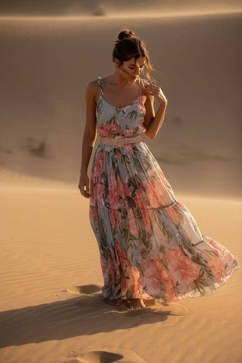 Vestido Comprido Floral Rosa com Alças