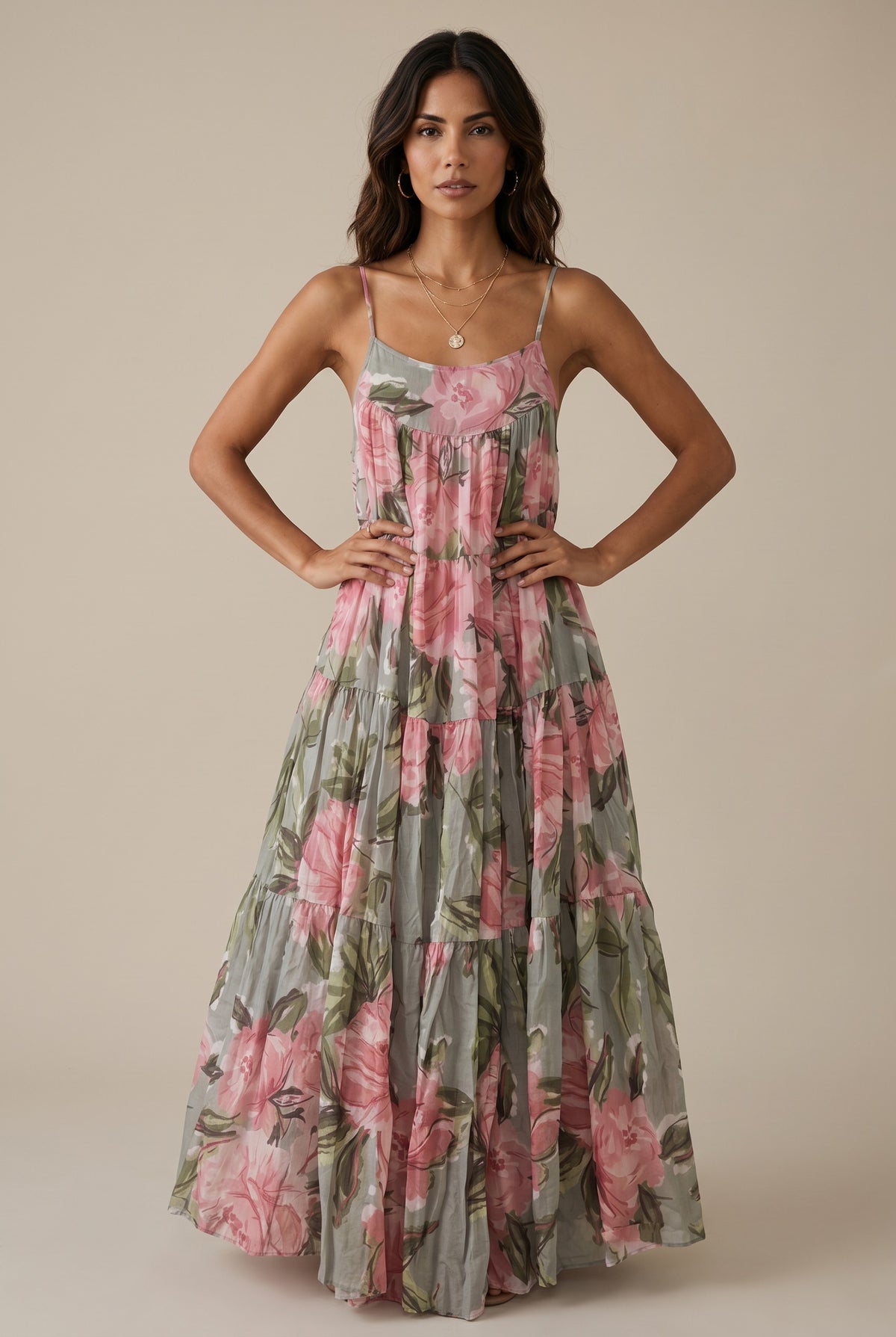 Vestido Comprido Floral Rosa com Alças