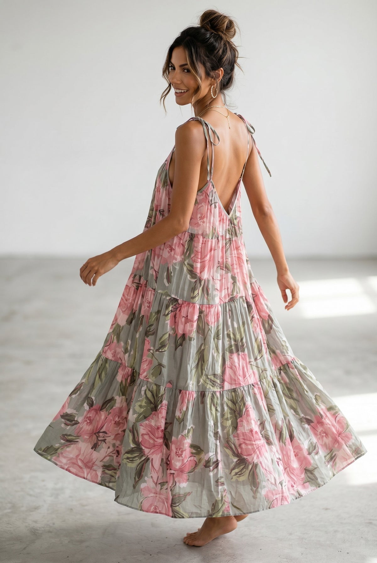 Vestido Comprido Floral Rosa com Alças