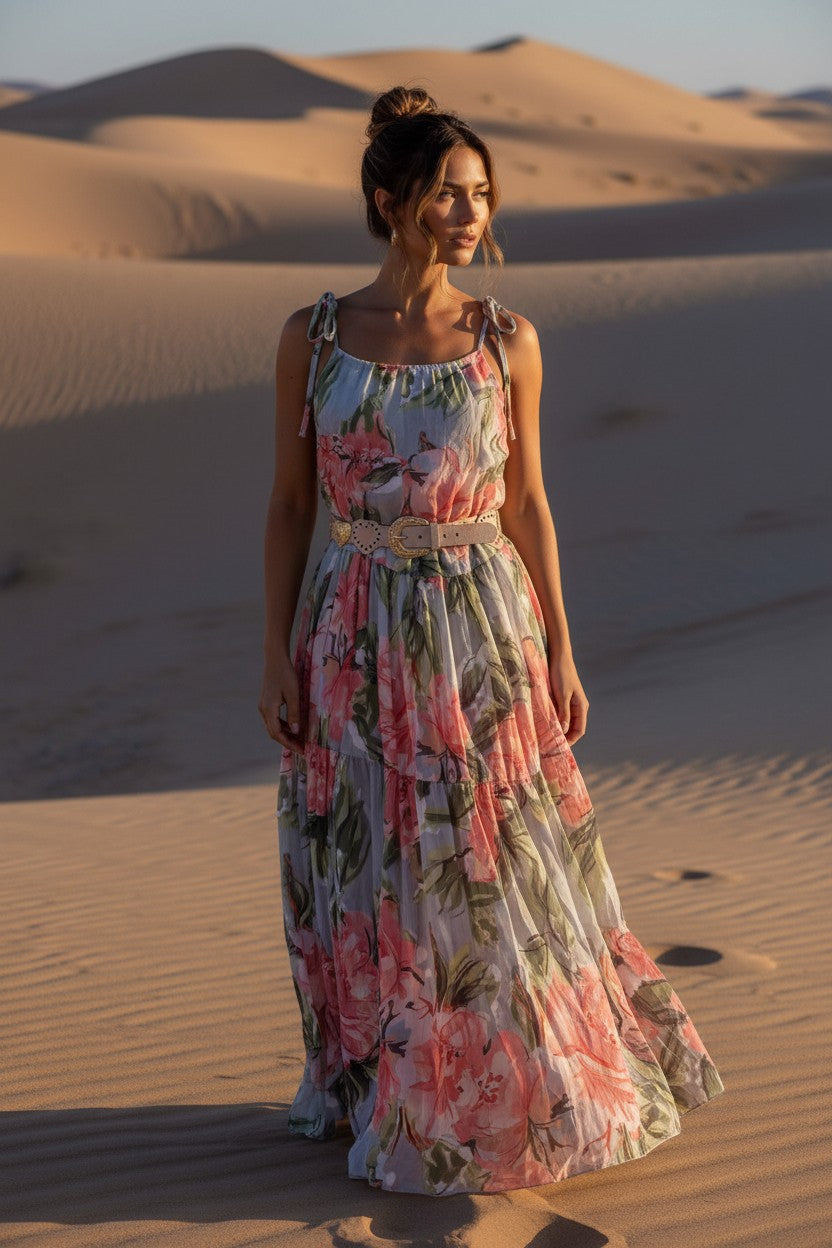 Vestido Comprido Floral Rosa com Alças