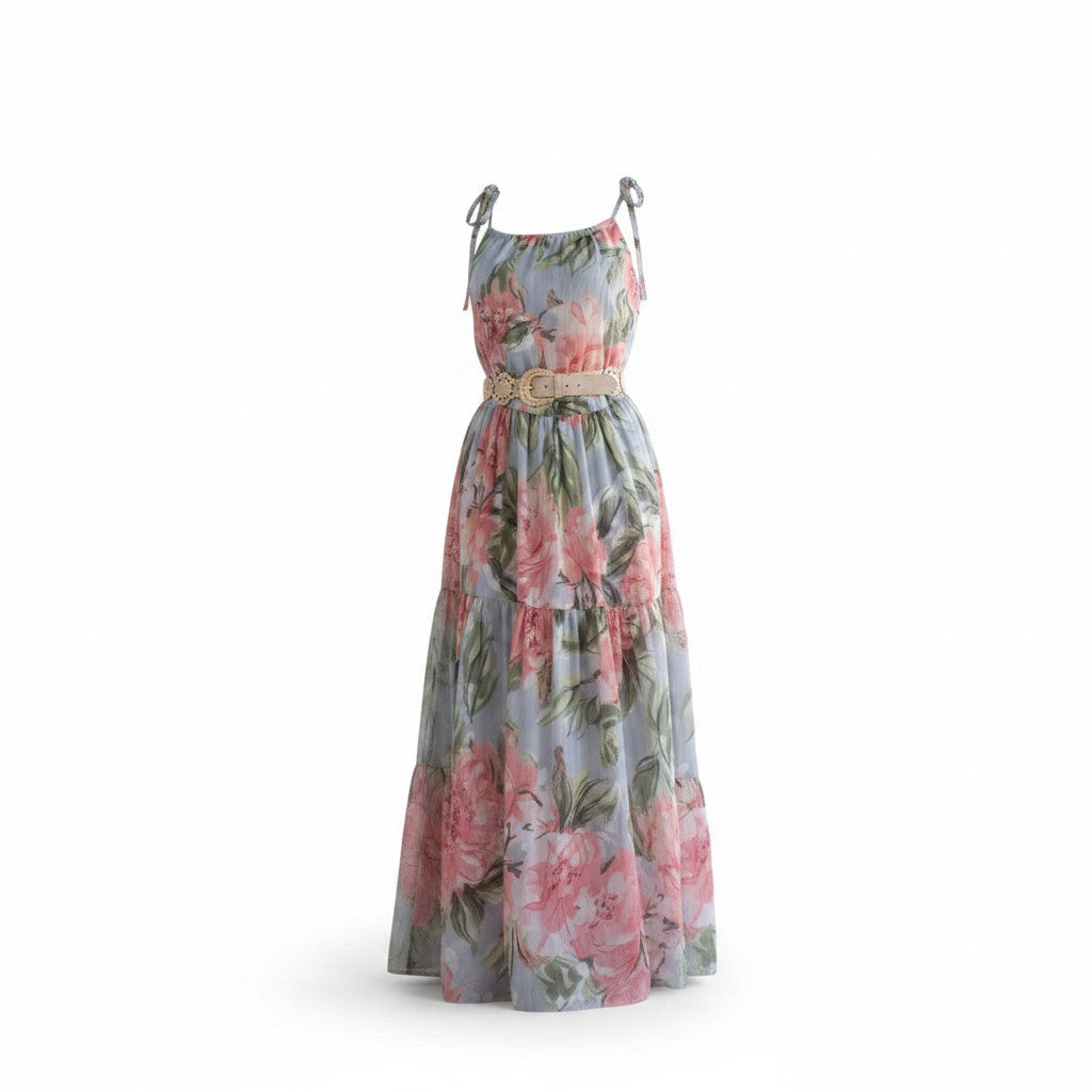 Vestido Comprido Floral Rosa com Alças