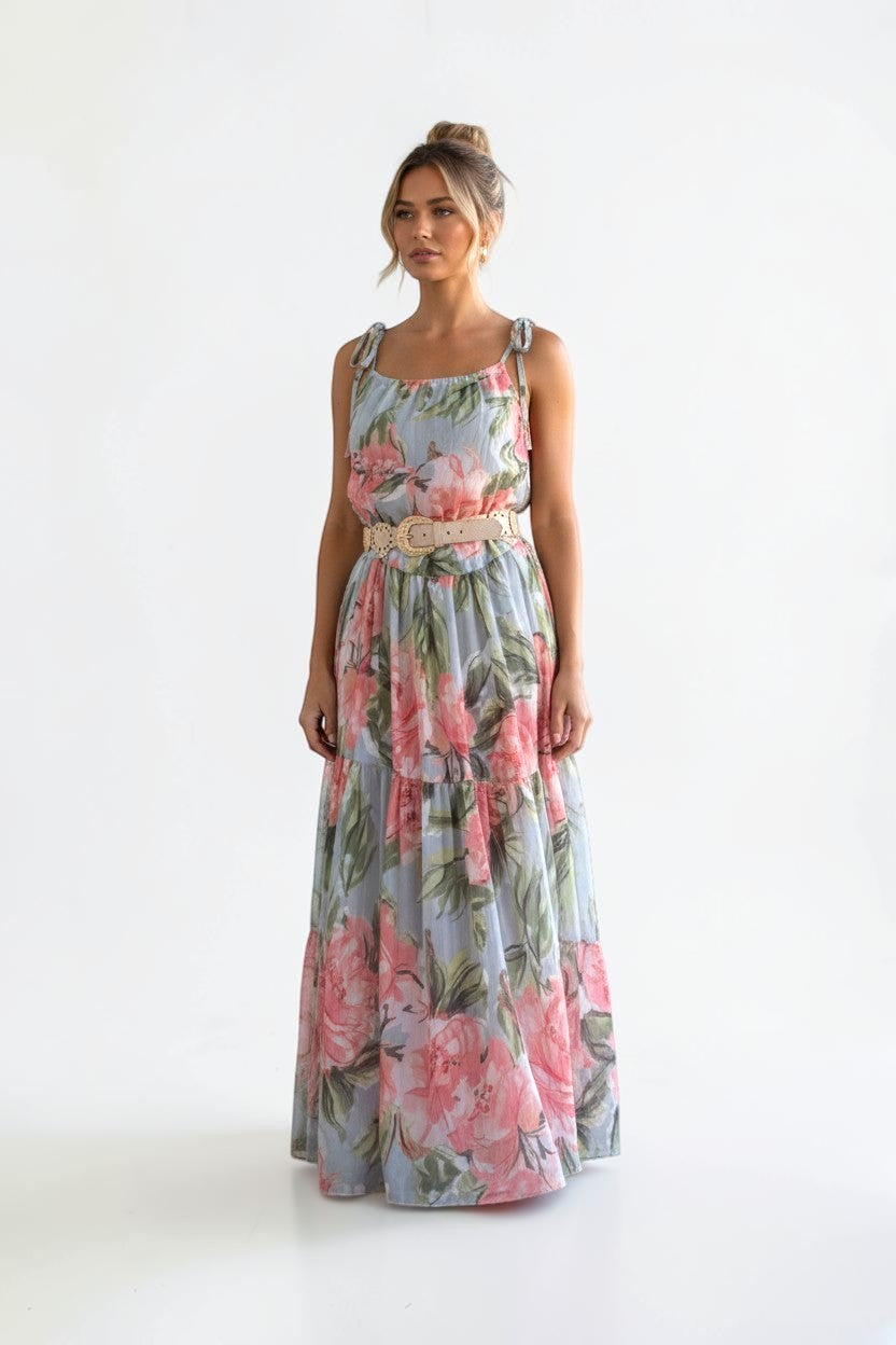 Vestido Comprido Floral Rosa com Alças