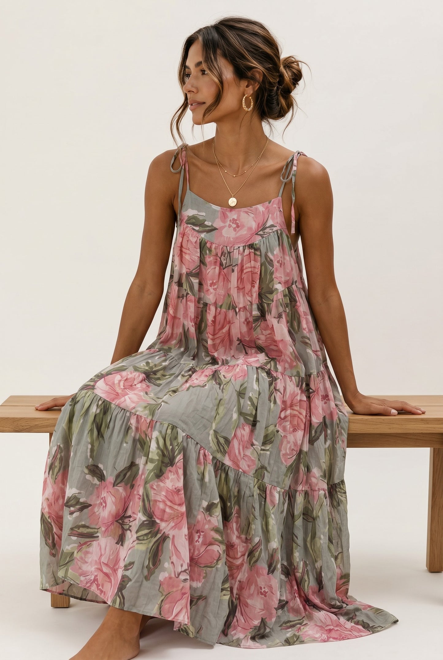 Vestido Comprido Floral Rosa com Alças