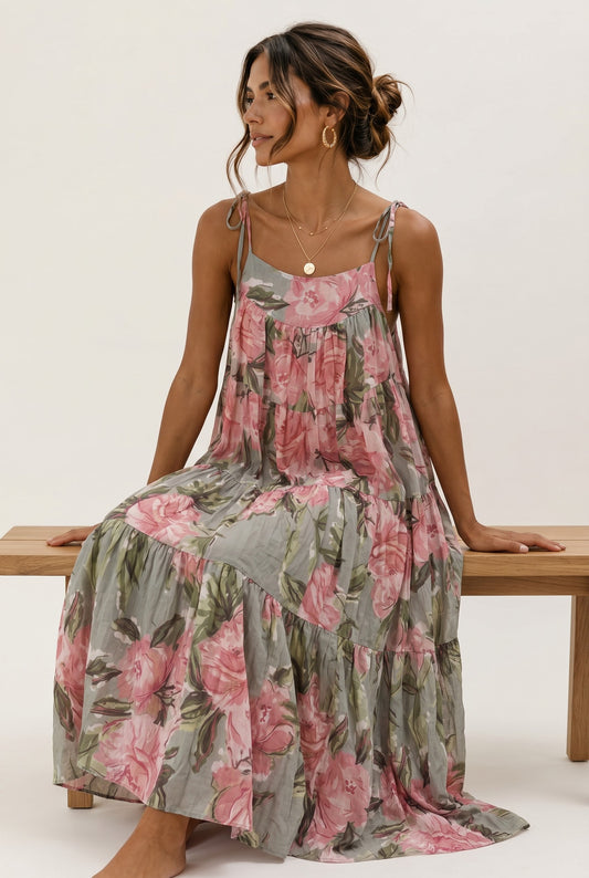 Vestido Comprido Floral Rosa com Alças