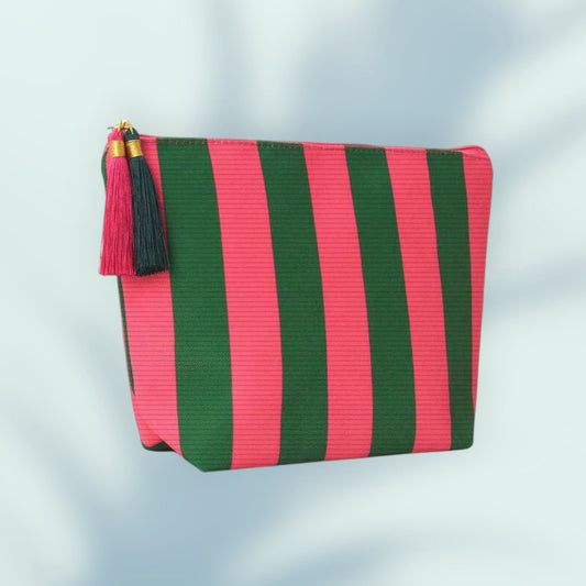 Necessaire às Riscas Rosa e Verde com Tassel Elegante