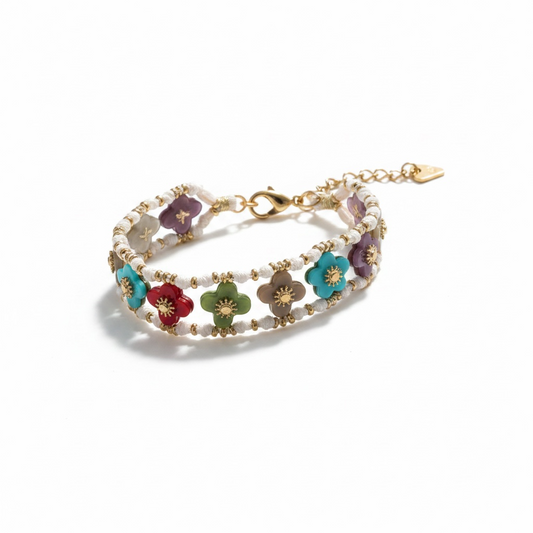 Pulseira Dourada com Flores Coloridas