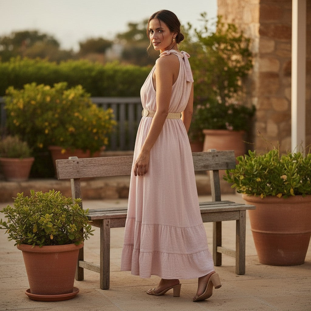 Shevibes light pink linen maxi dress with halter neck tie, tiered skirt, and belted waist, perfect for summer events.