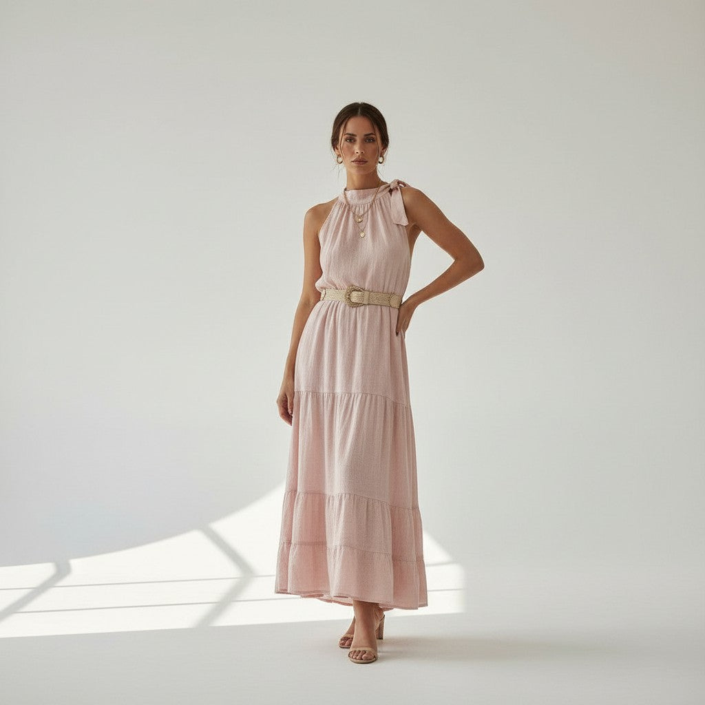 Shevibes light pink linen maxi dress with halter neck tie, tiered skirt, and natural woven belt. Ideal for summer events.