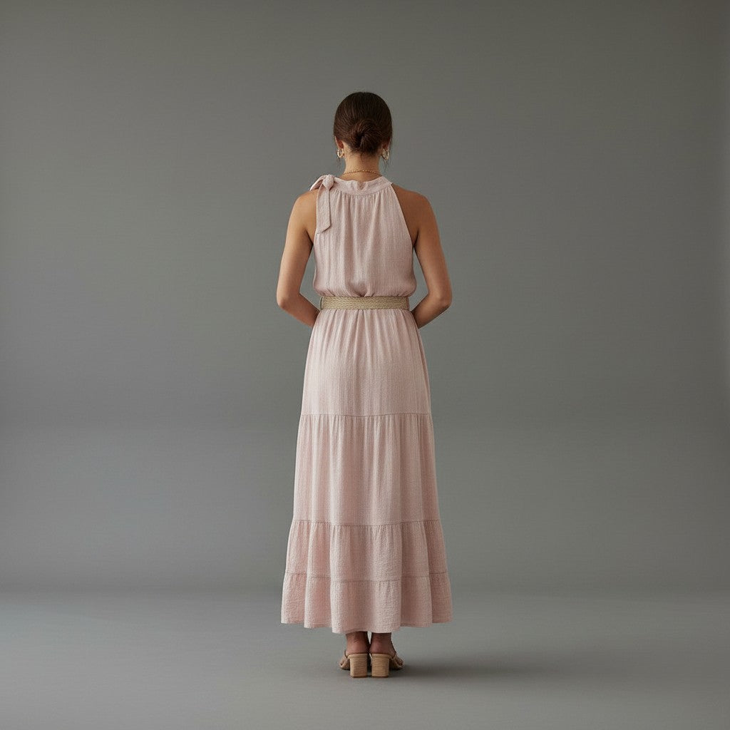 Shevibes light pink linen maxi dress with halter neck tie, tiered skirt, and woven belt. Ideal for summer events.