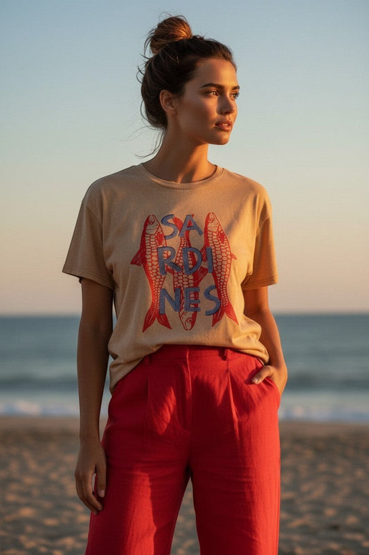shevibes sandy beige cotton t-shirt with red fish graphic and "SARDINES" text