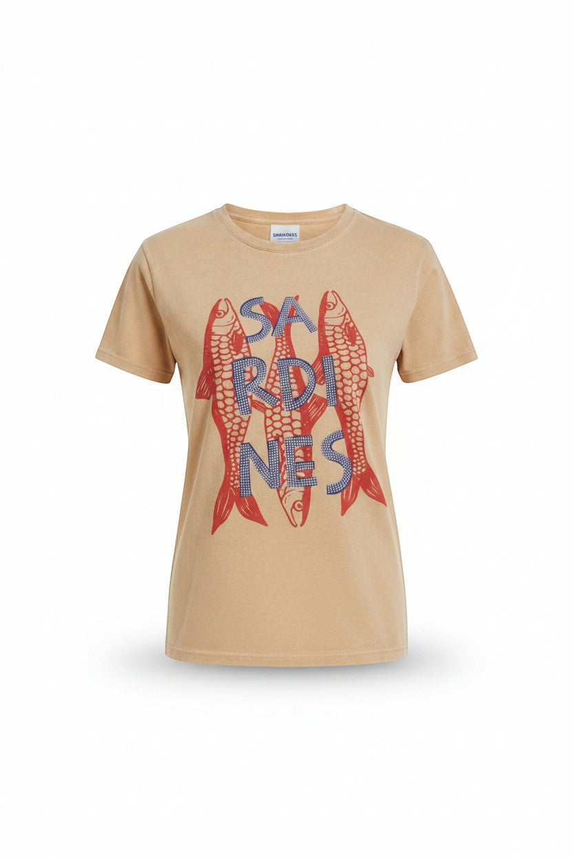 shevibes sandy beige cotton t-shirt with red fish graphic and blue gingham "SARDINES" text