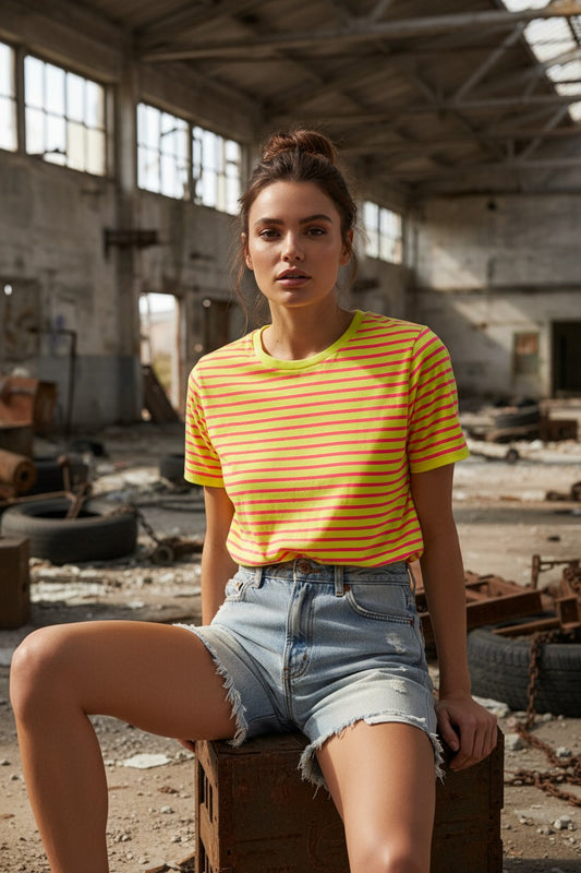 T-Shirt Riscas Neon Rosa e Amarelo