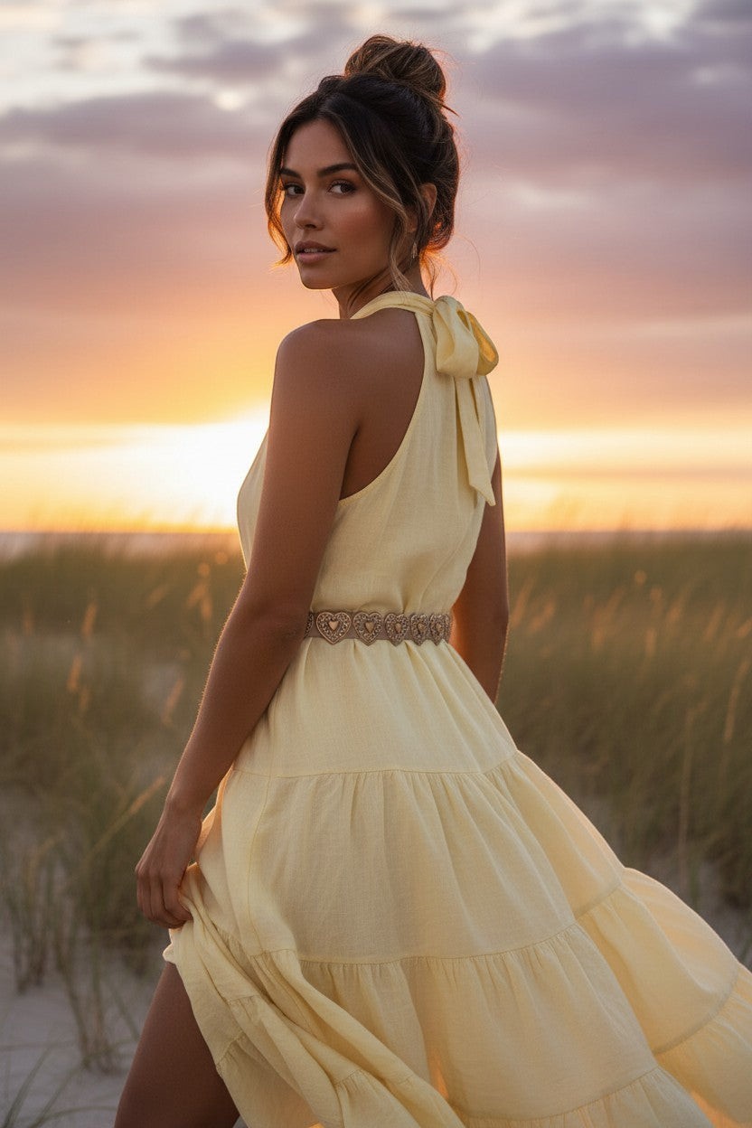 Vestido Linho Amarelo | Vestido Elegante de Verão